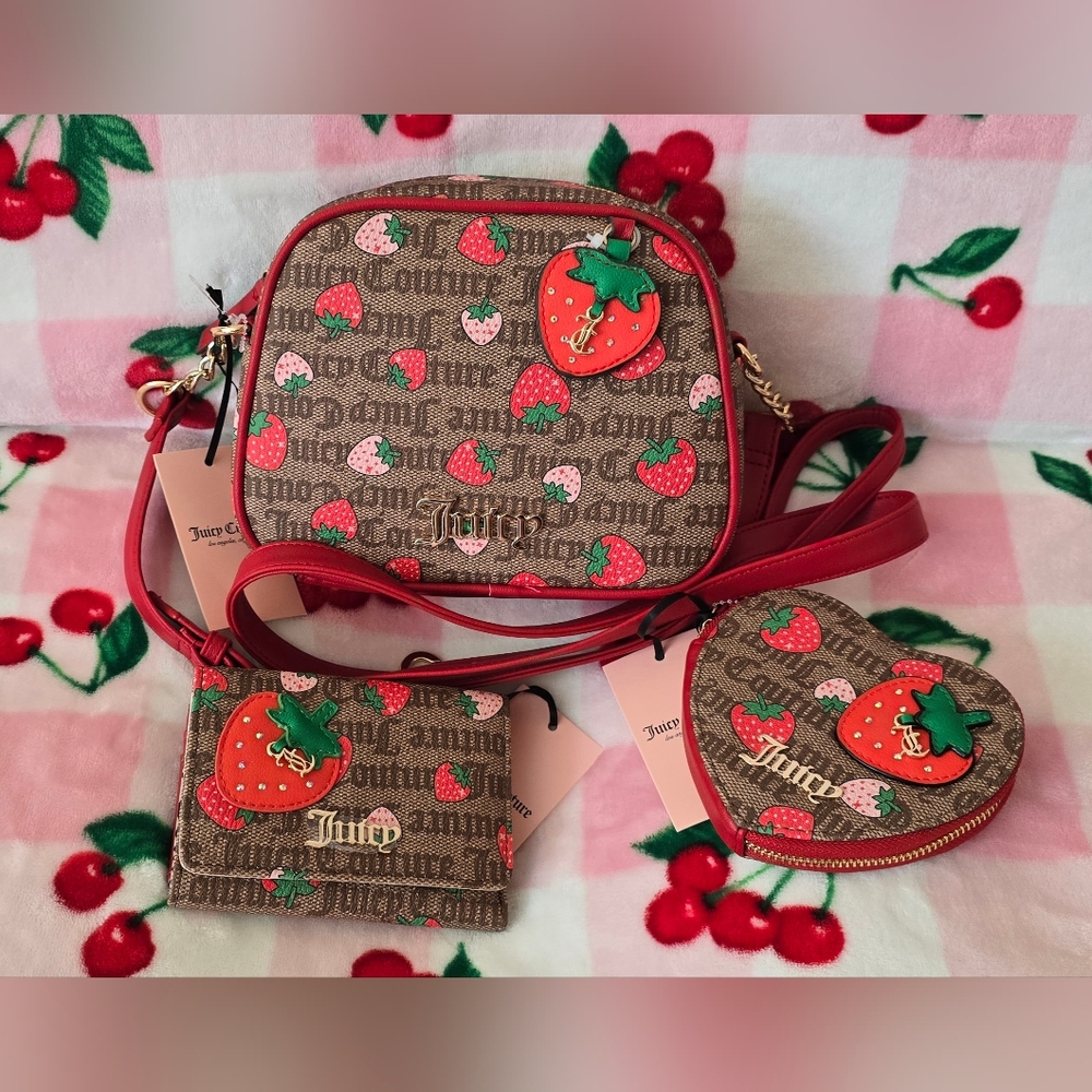 Juicy Couture Red and Brown Strawberry Purse and 2 wallets Set